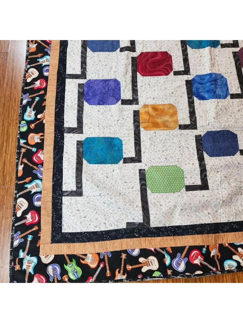 Colorful Handmade Quilt with Musical Guitar Border 60 x 86 Inch